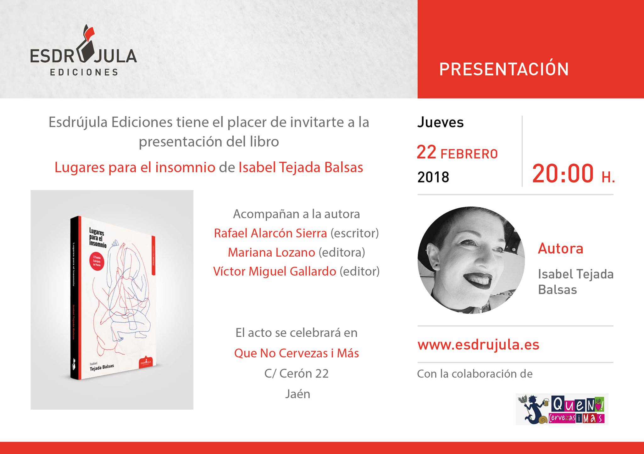 Cartel Presentación del libro "Lugares para el insomnio" de Isabel Tejada Jaén 24h