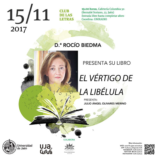 Cartel Presentación del libro "El vértigo de la libélula" de Rocío Biedma Jaén 24h